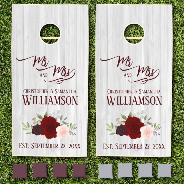 Burgundy & Blush Boho Roses Mr. & Mrs. Wedding  Cornhole Set (Creator Uploaded)