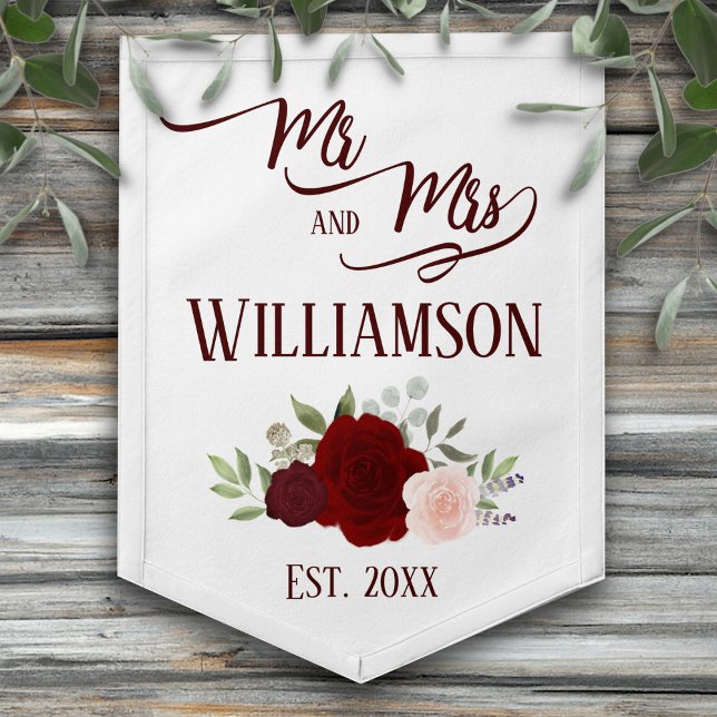 Burgundy Blush Boho Roses Mr. & Mrs. Wedding Pennant (Creator Uploaded)