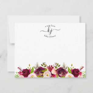 Burgundy Blush Botanical Floral Monogram Note Card