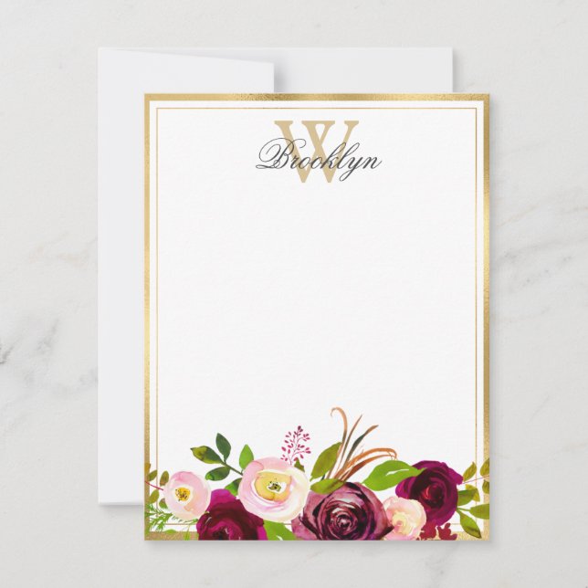 Burgundy Blush Botanical Floral Monogram Note Card (Front)