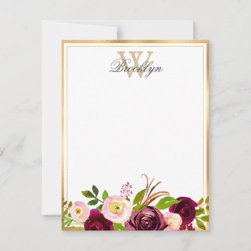 Burgundy Blush Botanical Floral Monogram Note Card