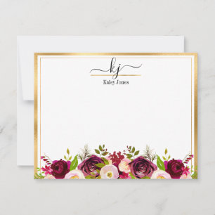 Burgundy Blush Botanical Floral Monogram Note Card