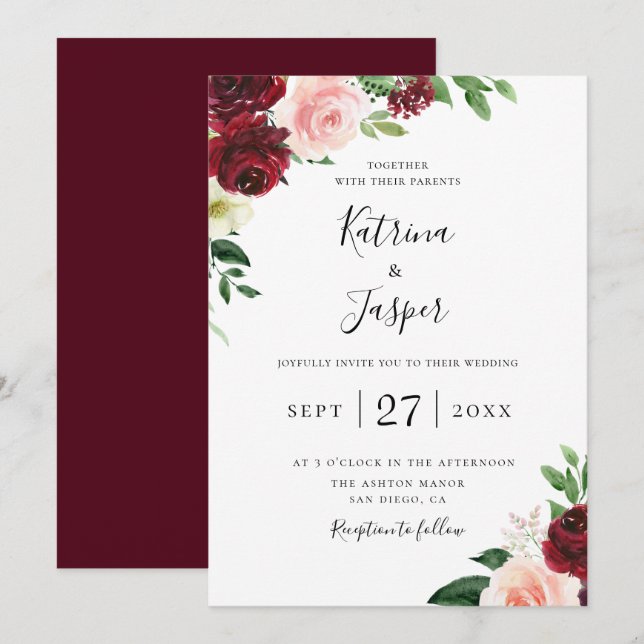 Burgundy Blush Botanical Floral Wedding Invitation (Front/Back)