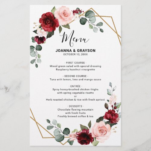 Burgundy Blush Botanical Geometric Wedding Menu