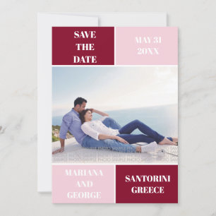 Burgundy, blush color block wedding Save the Date