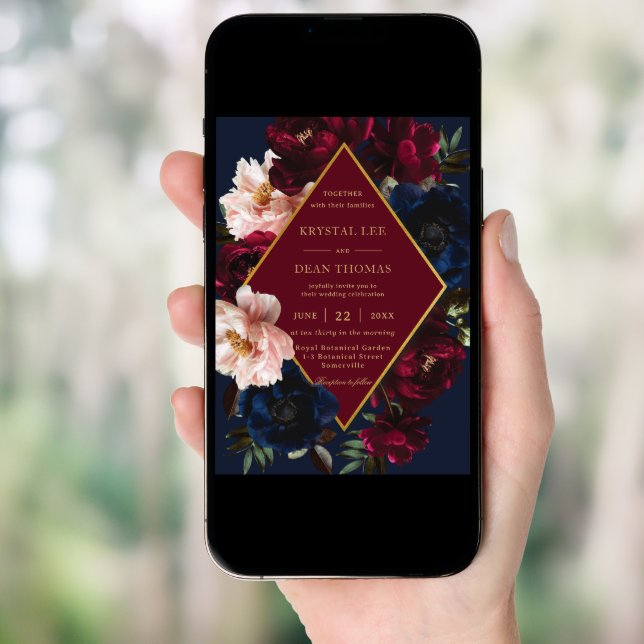Burgundy Blush Dark Navy Blue Floral Gold Wedding Invitation (Front Digital)