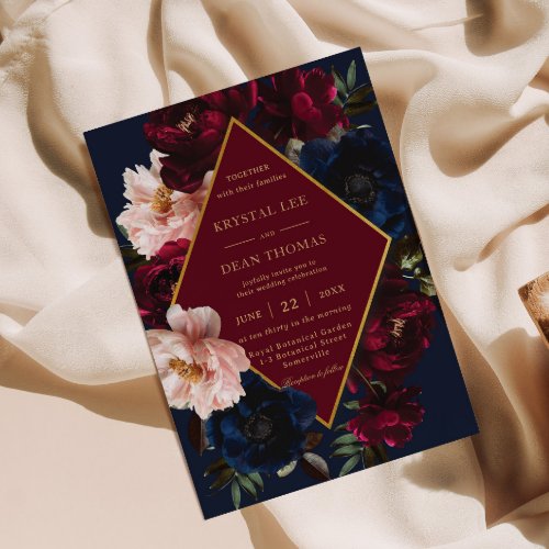 Burgundy Blush Dark Navy Blue Floral Gold Wedding Invitation
