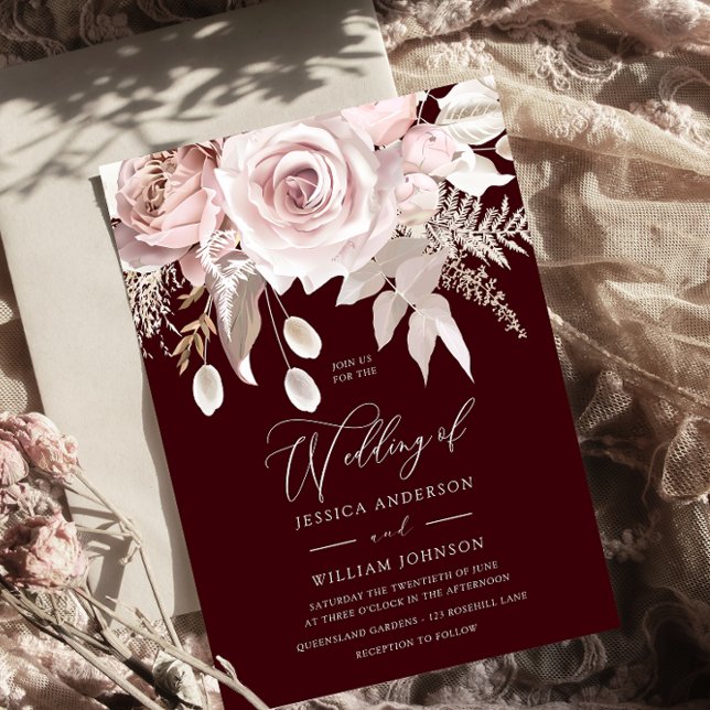 Burgundy & Blush Designer Dusty Rose Wedding Invitation (Creator Uploaded)