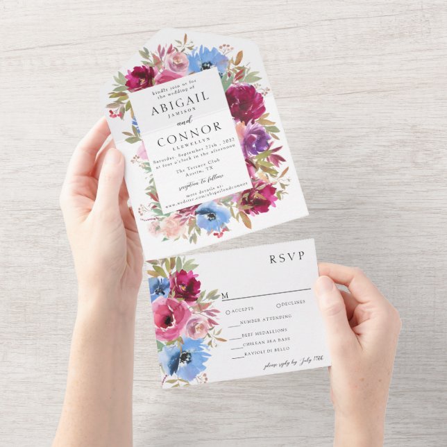 Burgundy Blush Dusty Blue Elegant Floral All In One Invitation (Tearaway)
