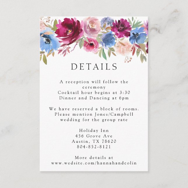 Burgundy Blush Dusty Blue Elegant Floral Enclosure Card (Front)