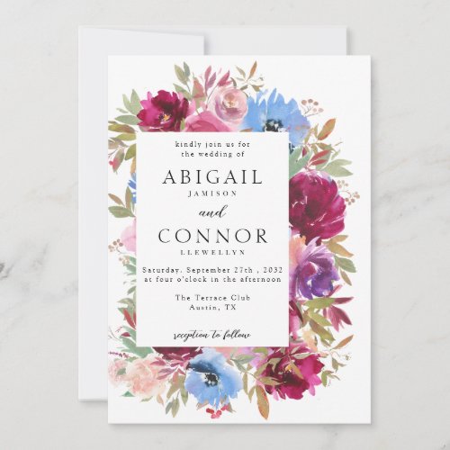 Burgundy Blush Dusty Blue Elegant Floral Invitation