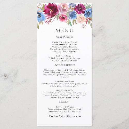 Burgundy Blush Dusty Blue Elegant Floral Menu