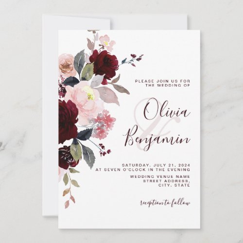 Burgundy Blush Dusty Pink Elegant Floral Wedding Invitation