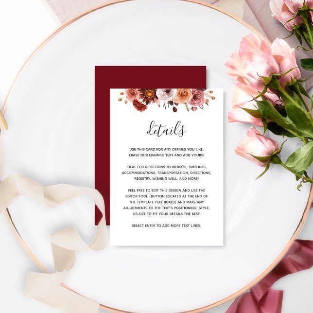 Burgundy, Blush, Dusty Rose Floral Wedding Details Enclosure Card (Creator Uploaded)