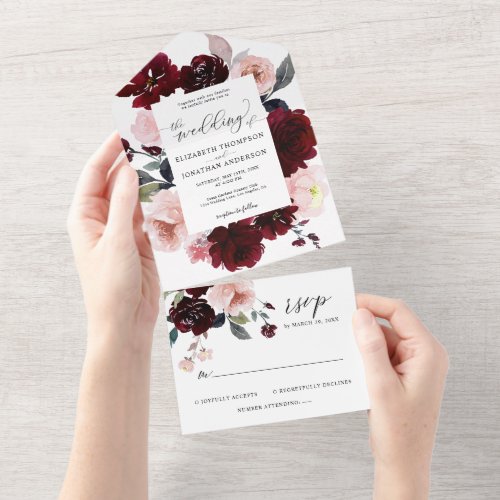 Burgundy Blush Dusty Rose Red Wedding Details RSVP All In One Invitation