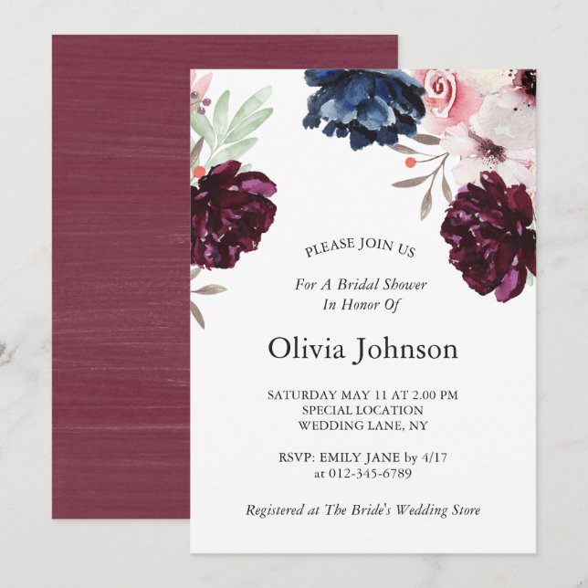 Burgundy Blush Elegant Floral Bridal Shower Invitation (Front/Back)
