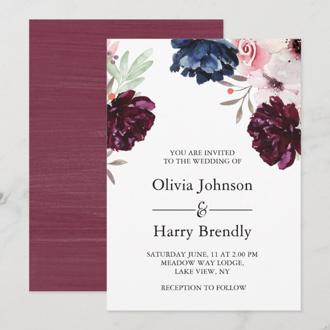 Burgundy Blush Elegant Floral Wedding Invitation (Front/Back)