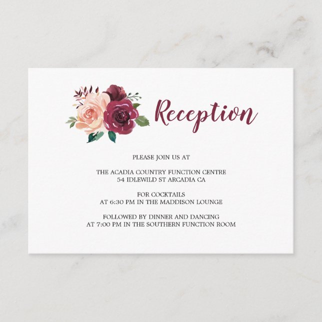 Burgundy Blush Elegant Floral Wedding Reception Enclosure Card (Front)