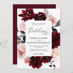 Burgundy Blush Elegant Marsala Pink Floral Wedding Invitation
