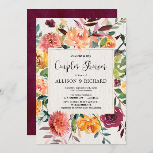 Burgundy blush fall floral couples baby shower invitation