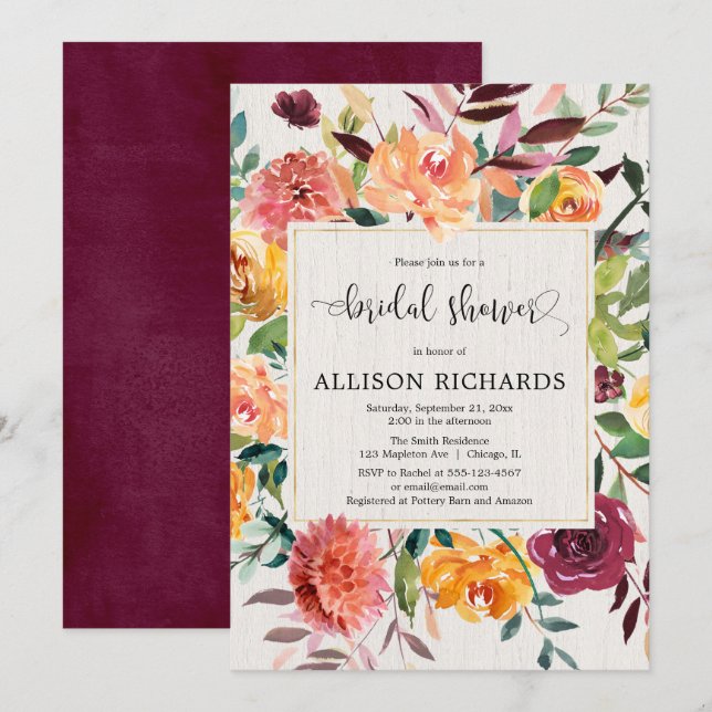 Burgundy blush fall floral elegant bridal shower invitation (Front/Back)