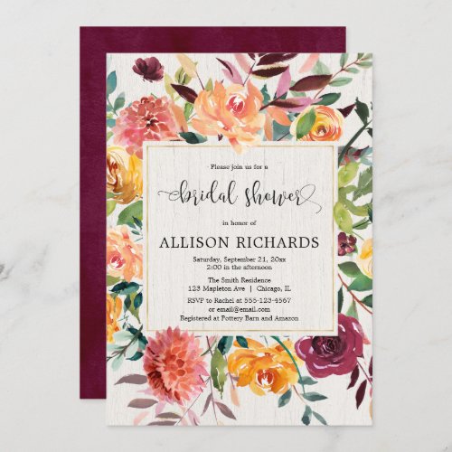 Burgundy blush fall floral elegant bridal shower invitation