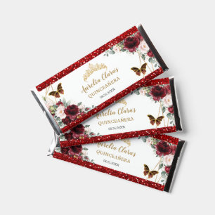 Burgundy Blush Floral 15 Quinceañera Butterflies Hershey Bar Favors