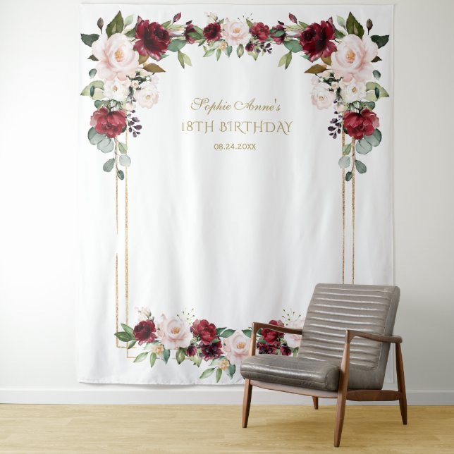 Burgundy Blush Floral 18th Birthday Photo Prop Tapestry (In Situ)