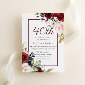 Burgundy Blush Floral 40th Wedding Anniversary Invitation
