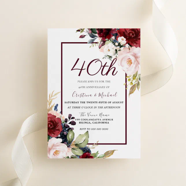 Burgundy Blush Floral 40th Wedding Anniversary Invitation | Zazzle