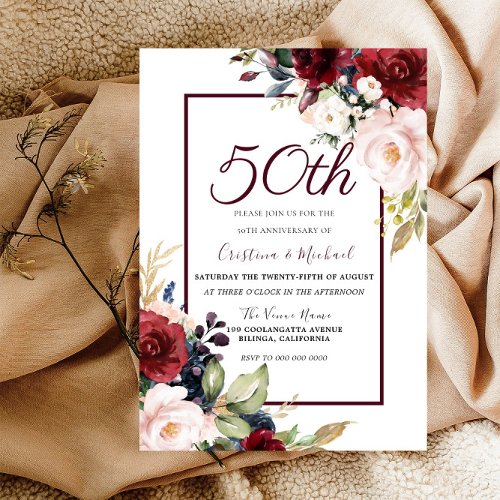 Burgundy Blush Floral 50th Wedding Anniversary Invitation