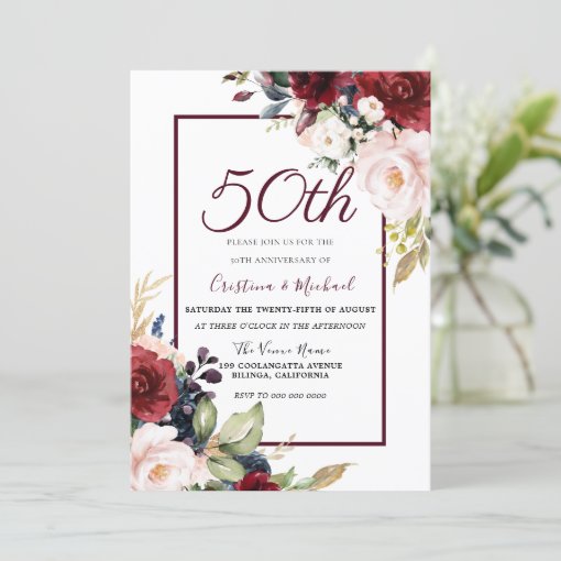 Burgundy Blush Floral 50th Wedding Anniversary Invitation | Zazzle