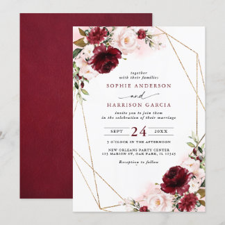 Burgundy Blush Floral And Gold Geometric Wedding Invitation