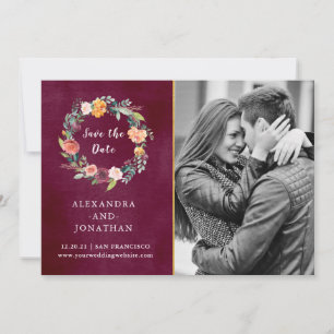 Burgundy Blush Floral and Gold with Photo Save The Date