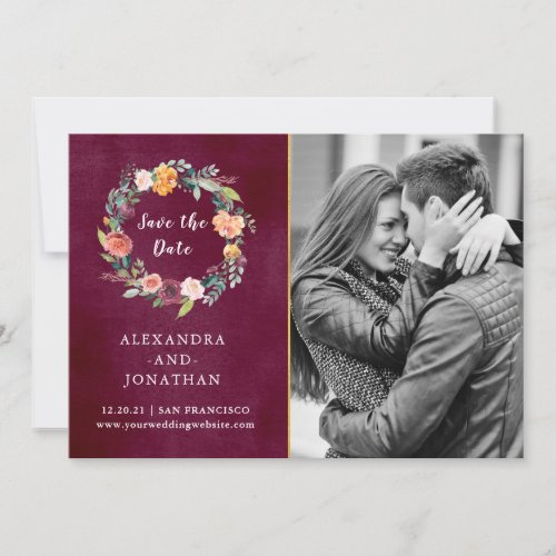 Burgundy Blush  Floral and Gold with Photo Save The Date