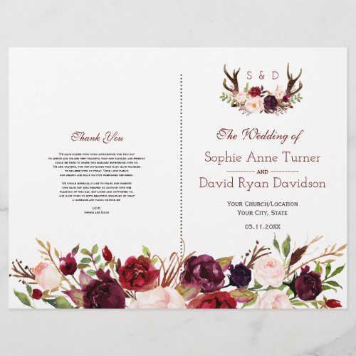 Burgundy Blush Floral Antlers Wedding Program Flyer