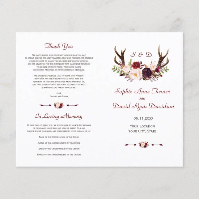 Burgundy Blush Floral Antlers Wedding Program Flyer (Front)