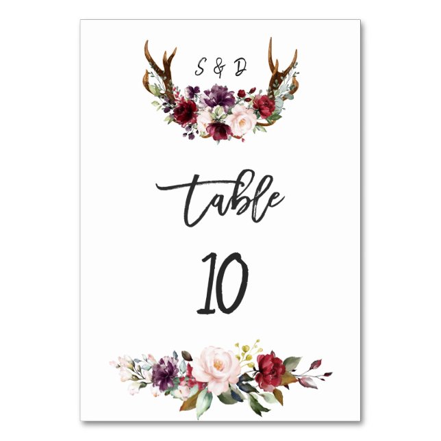 Burgundy Blush Floral Antlers Wedding Table Number (Front)