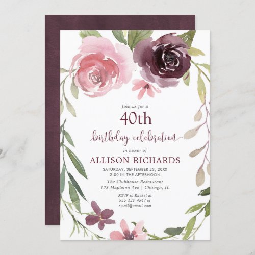 Burgundy blush floral any age adult birthday party invitation