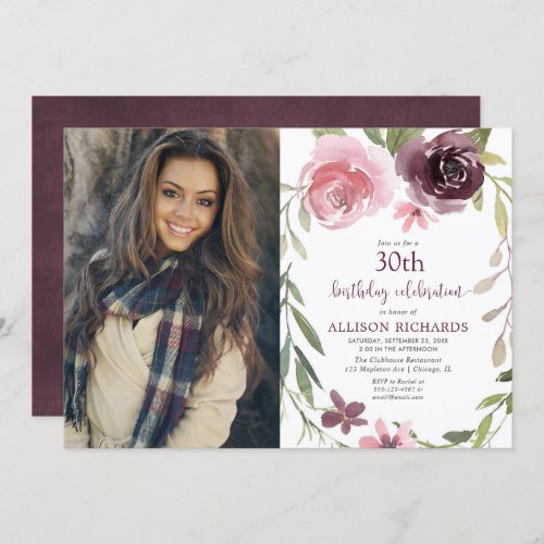 Burgundy blush floral any age adult birthday photo invitation