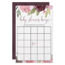 Burgundy blush floral baby shower bingo cards