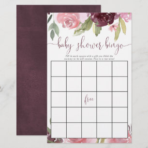 Burgundy blush floral baby shower bingo cards