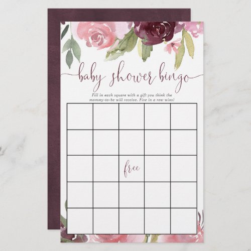Burgundy blush floral baby shower bingo cards