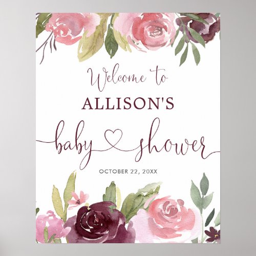 Burgundy blush floral baby shower welcome sign