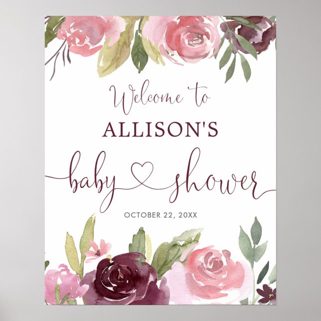 Burgundy blush floral baby shower welcome sign (Front)