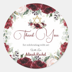 Burgundy Blush Floral Bat Mitzvah Star of David Classic Round Sticker