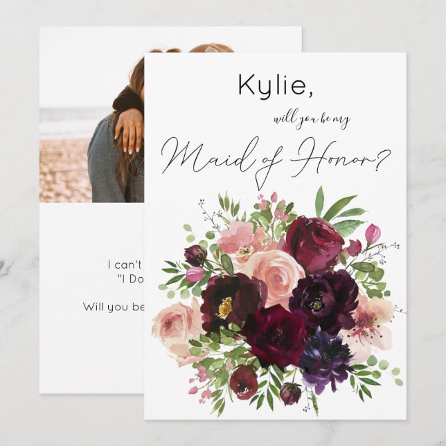Burgundy & Blush Floral Be My Maid of Honor? Photo Invitation (Front/Back)