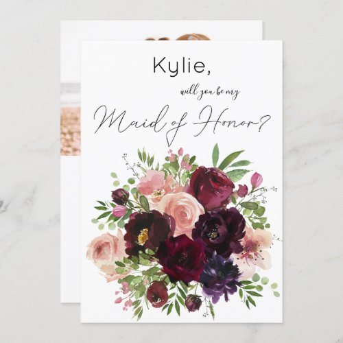 Burgundy  Blush Floral Be My Maid of Honor Photo Invitation