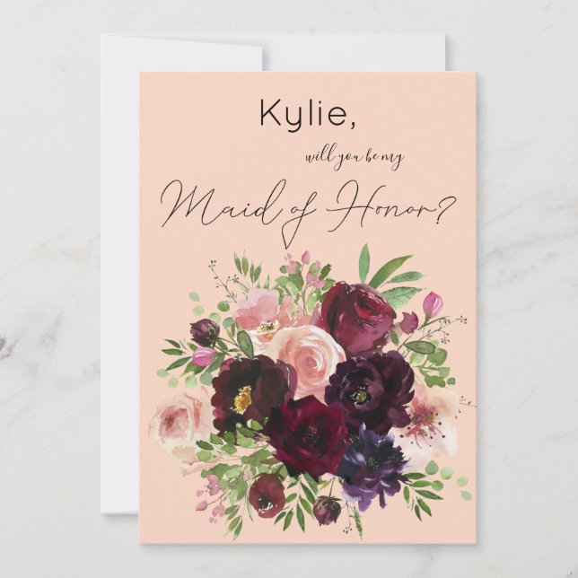 Burgundy & Blush Floral Be My Maid of Honor? Pink Invitation (Front)