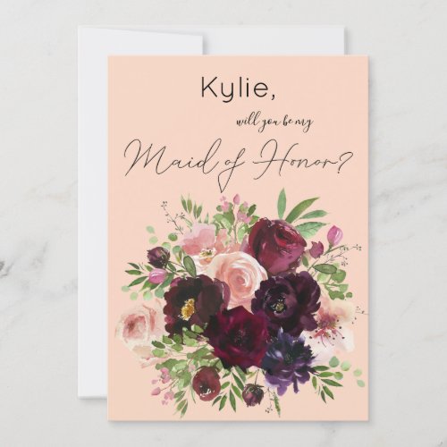 Burgundy  Blush Floral Be My Maid of Honor Pink Invitation